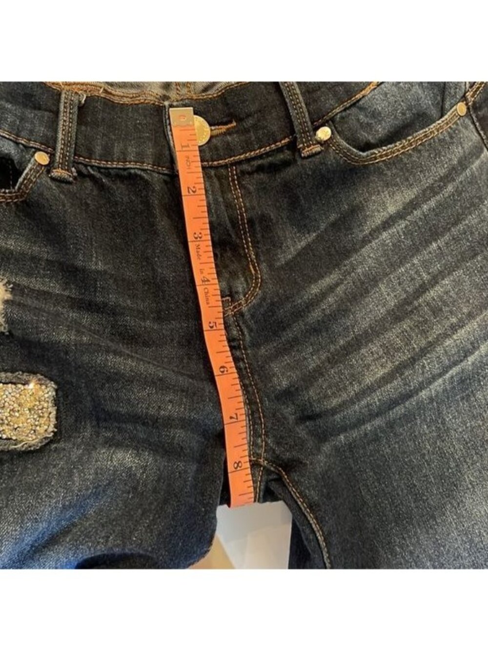 Juicy Couture skinny jeans Y2K Dark wash distressed glittery patches Size 6 - Picture 16 of 16